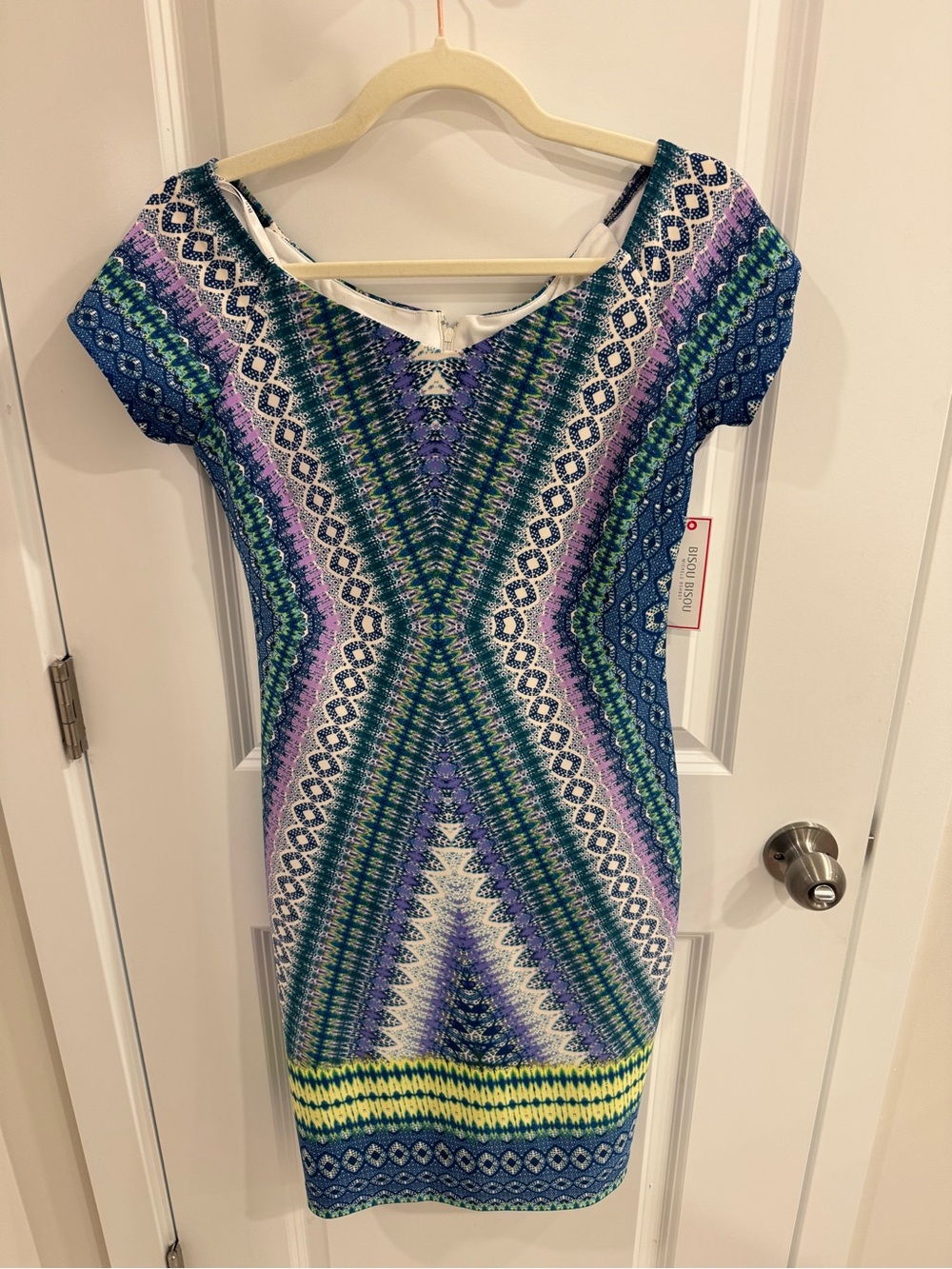 NWT Bisou Bisou Geometric Sheath Dress Size 6 Offwhite Royal Purple Blue